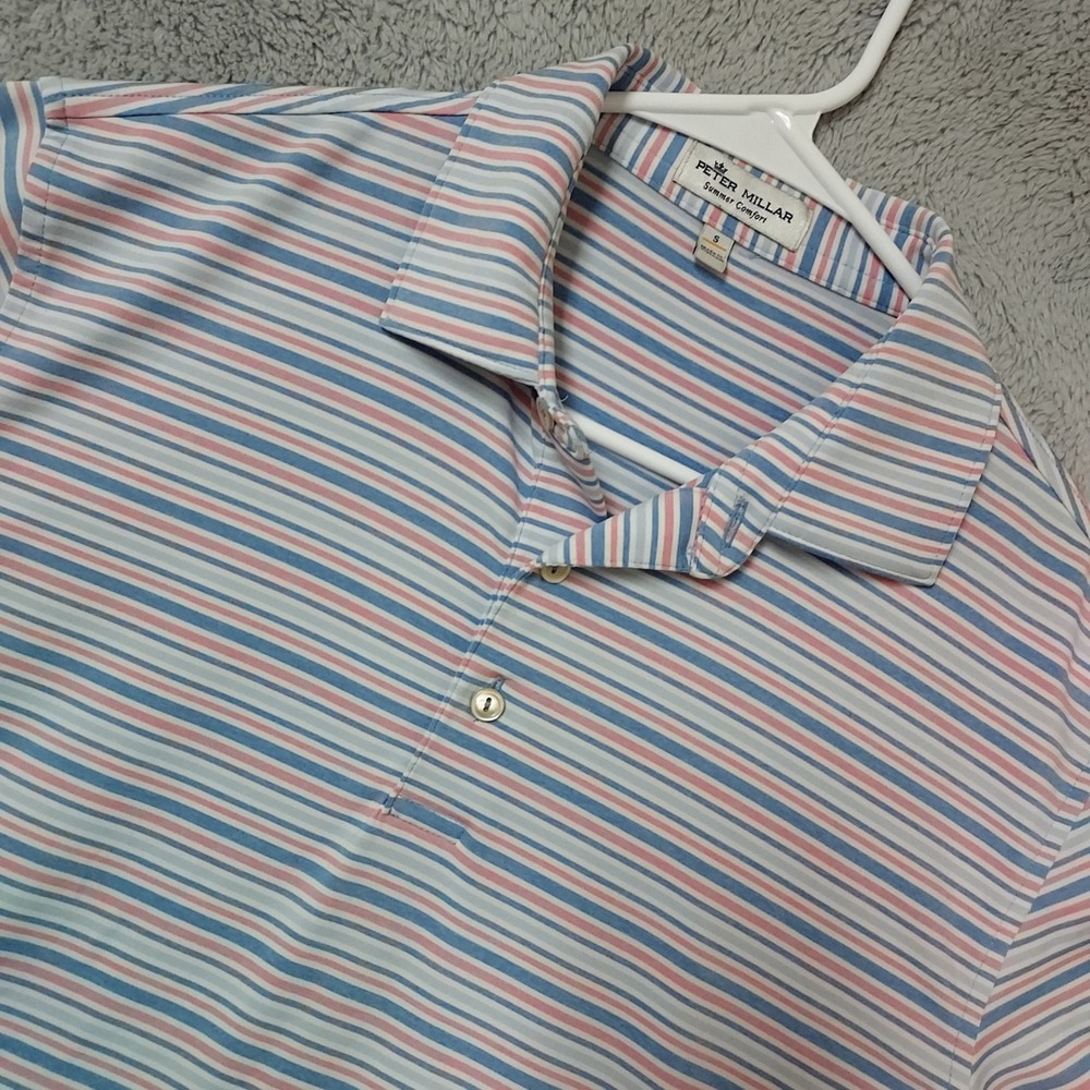Peter Millar Polo Shirt Mens Small Summer Comfort Striped Blue Pink Jersey EUC S
